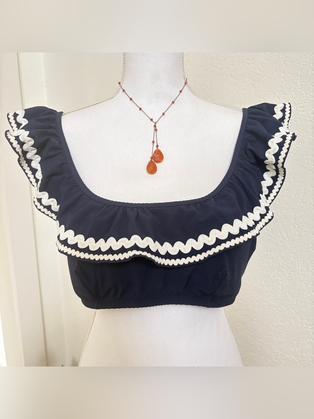 J. Crew Navy blue and white ruffle bikini top swimsuit L